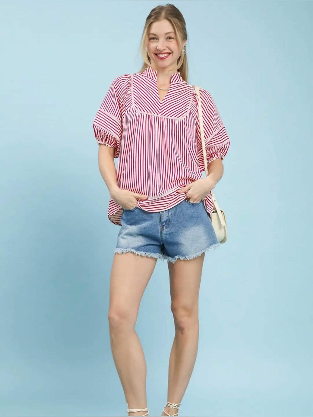 Umgee Striped Puff Sleeve Babydoll Top - Picture 5 of 6